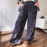 Black Floral Applique Fray Hem Pant
