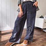 Black Floral Applique Fray Hem Pant