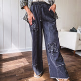 Black Floral Applique Fray Hem Pant