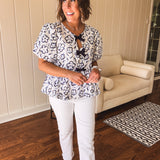 Blue Watercolor Flower Print Tie Blouse