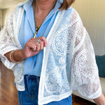 Sheer batwing short cardigan with paisley crochet details throughout.