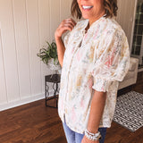 Cream Multi Eyelet Lace Button Front Blouse