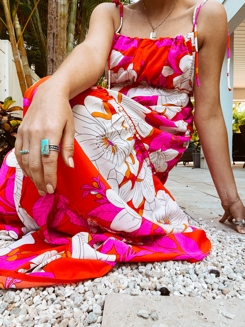 Hot Pink Floral Tie Tiered Maxi Dress