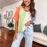 Gauze colorblock V neck tee with light blue, cream, sage and coral stripes.