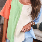 Gauze colorblock V neck tee with light blue, cream, sage and coral stripes.
