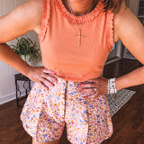 Pink Floral Taffeta Pleated Short