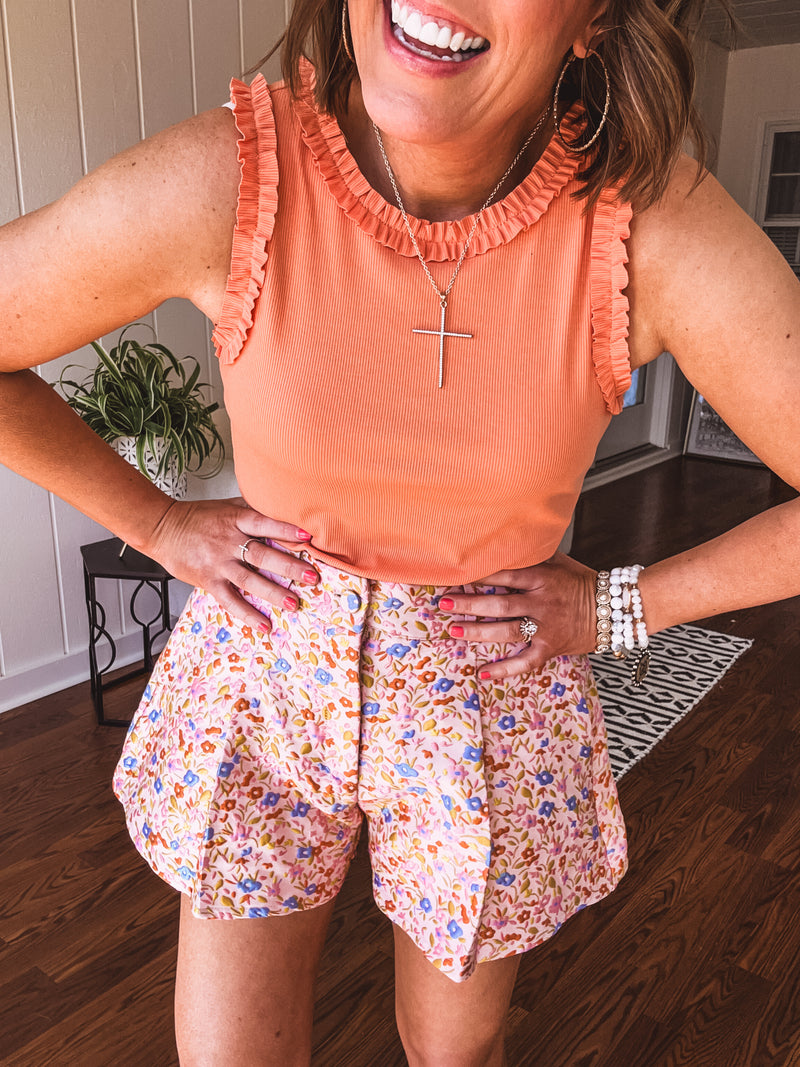 Pink Floral Taffeta Pleated Short