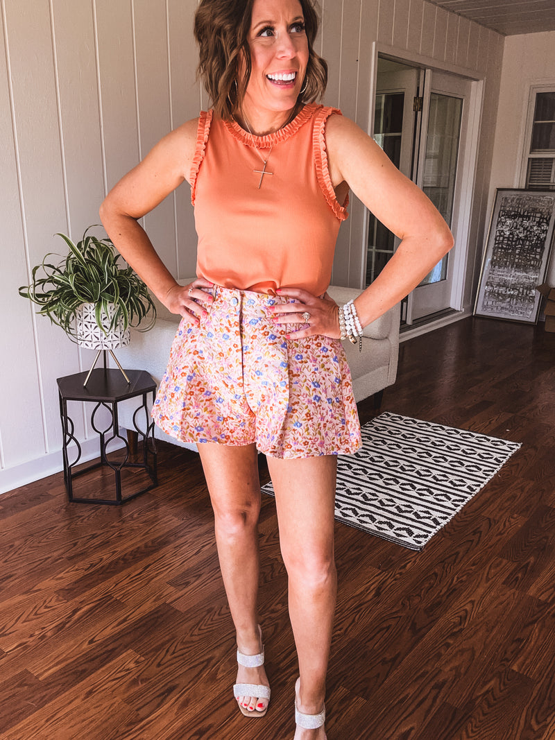 Pink Floral Taffeta Pleated Short