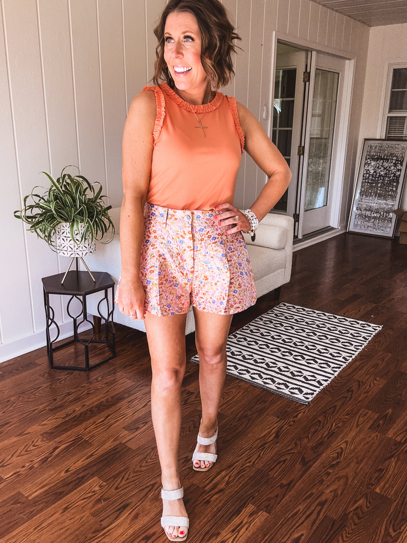 Pink Floral Taffeta Pleated Short