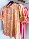 Apricot Floral Ruffle Neckline Blouse with Smocked Short Sleeve