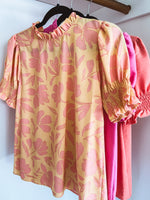 Apricot Floral Ruffle Neckline Blouse with Smocked Short Sleeve