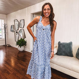 Dusty blue midi dress with white eyelet and floral embroidery throughout, gathered bust, stretchy wide straps and pockets.