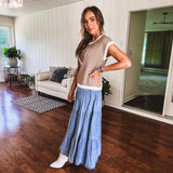 Button Front Denim Tiered Skirt