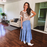 Button Front Denim Tiered Skirt