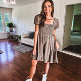 Washed Mocha Smocked Short Sleeve Puff Mini Dress