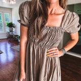 Washed Mocha Smocked Short Sleeve Puff Mini Dress