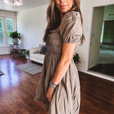 Washed Mocha Smocked Short Sleeve Puff Mini Dress