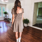 Washed Mocha Smocked Short Sleeve Puff Mini Dress