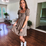 Washed Mocha Smocked Short Sleeve Puff Mini Dress