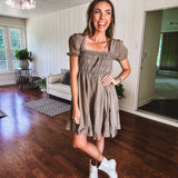 Washed Mocha Smocked Short Sleeve Puff Mini Dress