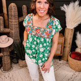 Kelly Green Square Neckline Embroidered Top
