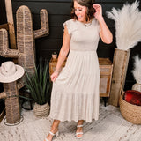 Beige Smocked Tiered Midi Dress