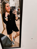 Black Ribbed Oversized Romper with Collar