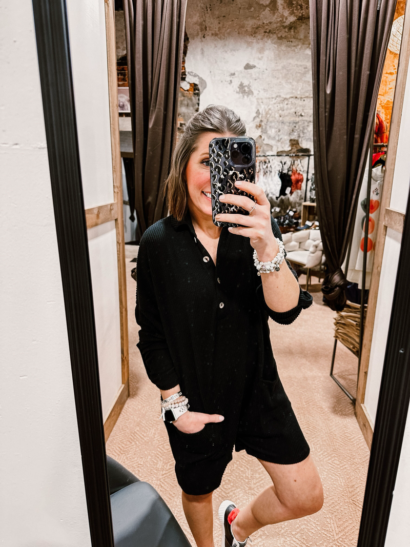 Black Ribbed Oversized Romper with Collar