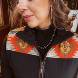 Black Aztec Puff Jacket with Suede Trim