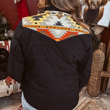 Black Aztec Puff Jacket with Suede Trim