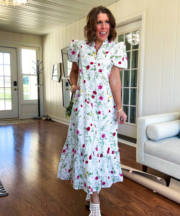 Off White Button Eyelet Floral Midi Dress – The Red Raccoon