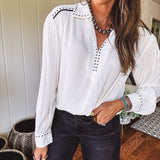 White Studded Contrast Piping L/S Blouse
