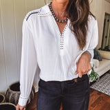 White Studded Contrast Piping L/S Blouse