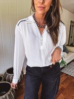 White Studded Contrast Piping L/S Blouse