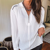 White Studded Contrast Piping L/S Blouse