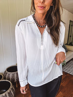 White Studded Contrast Piping L/S Blouse