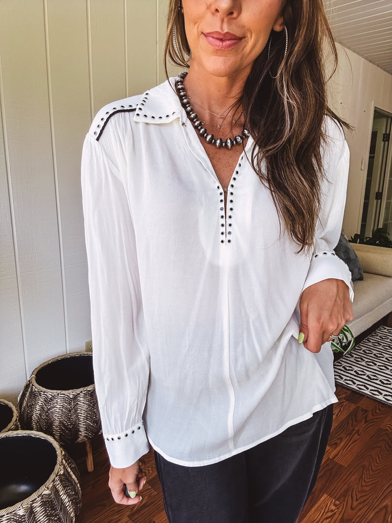 White Studded Contrast Piping L/S Blouse