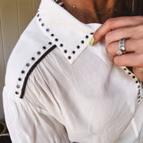 White Studded Contrast Piping L/S Blouse
