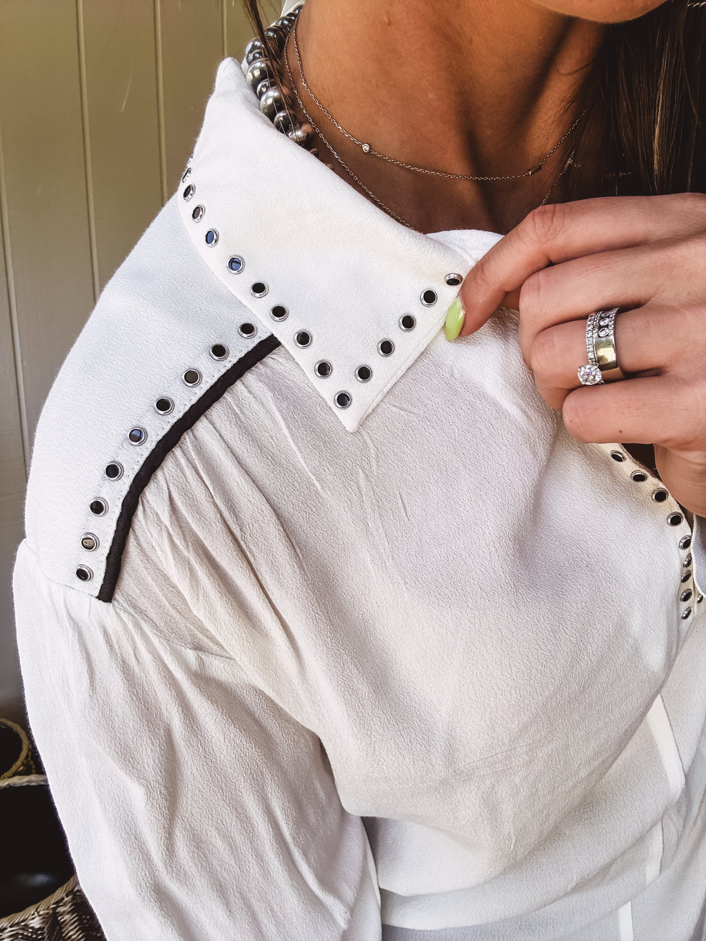 White Studded Contrast Piping L/S Blouse