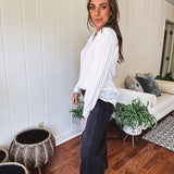 White Studded Contrast Piping L/S Blouse