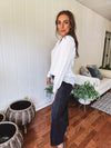 White Studded Contrast Piping L/S Blouse