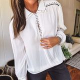 White Studded Contrast Piping L/S Blouse