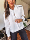 White Studded Contrast Piping L/S Blouse