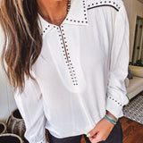 White Studded Contrast Piping L/S Blouse