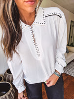 White Studded Contrast Piping L/S Blouse
