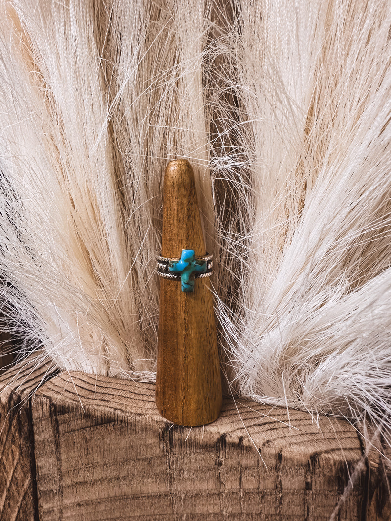 Turquoise Cross SS Oxidized Ring