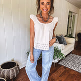 Oatmeal Eylet Lace Trim Button Detail Blouse