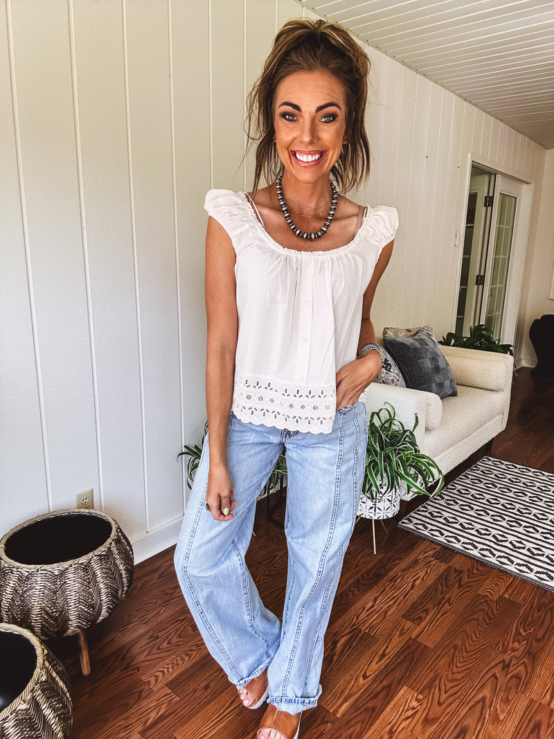 Oatmeal Eylet Lace Trim Button Detail Blouse