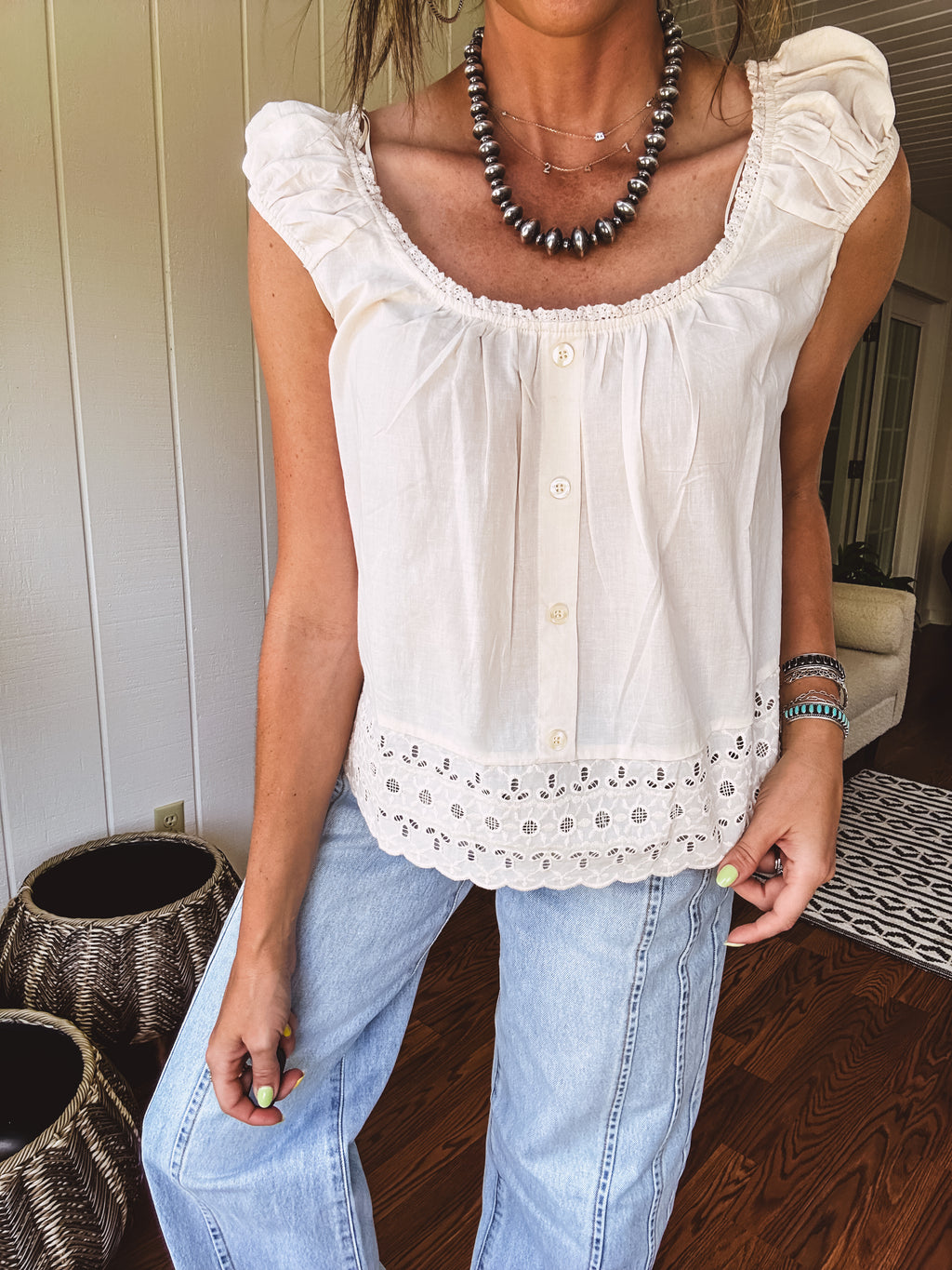 Oatmeal Eylet Lace Trim Button Detail Blouse