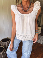 Oatmeal Eylet Lace Trim Button Detail Blouse
